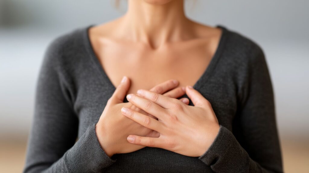 Neck-to-chest view of woman with hands placed over heart